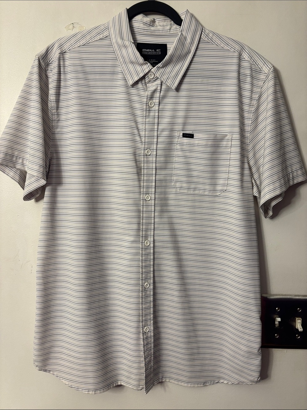O'Neill Short Sleeve Button-Down Shirt in White with Light Blue Stripes